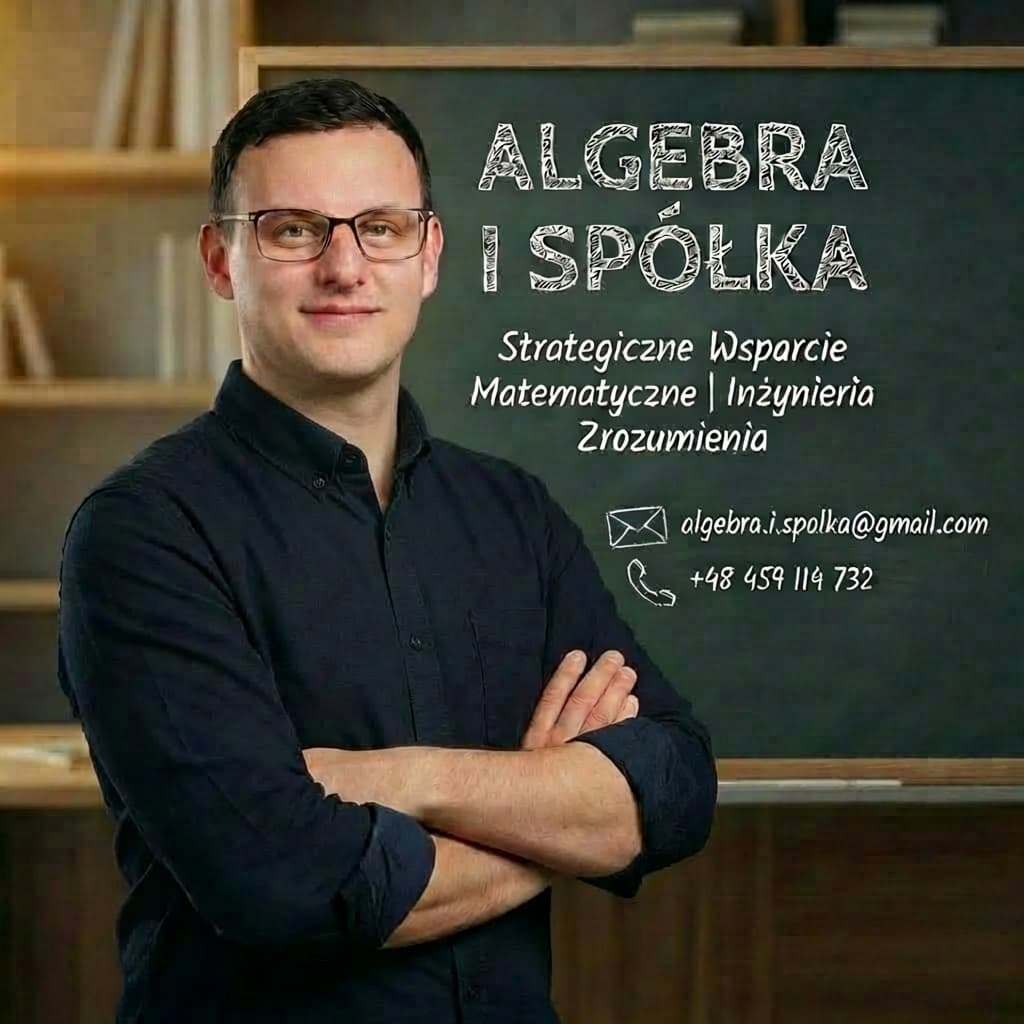 Adam Grudziński - mentor matematyczny, na tle tablicy z danymi kontaktowymi